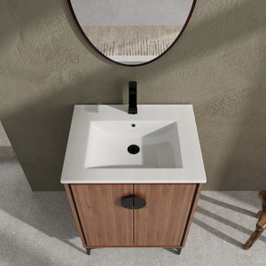 English Elm 24'' Modern Brown Bathroom Vanity with Drop-In Ceramic Sink, Engineered Wood, Soft-Close Doors, Ample Storage W1972S00001