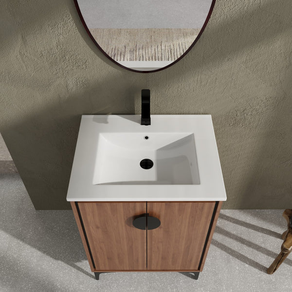 English Elm 24'' Modern Brown Bathroom Vanity with Drop-In Ceramic Sink, Engineered Wood, Soft-Close Doors, Ample Storage W1972S00001