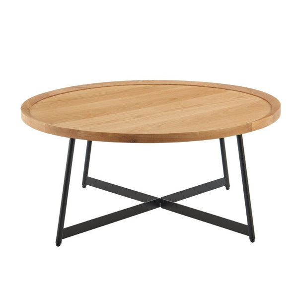 EuroStyle Niklaus Round Ash Veneer Coffee Table with Steel Base for Modern Living Rooms Oak 90274-OAK