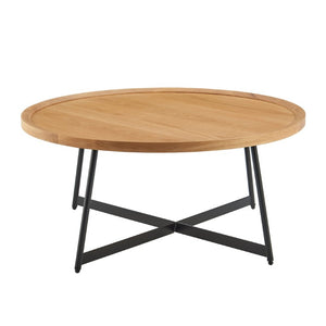 EuroStyle Niklaus Round Ash Veneer Coffee Table with Steel Base for Modern Living Rooms Oak 90274-OAK