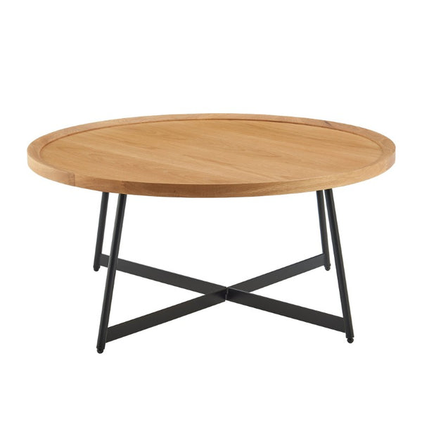 EuroStyle Niklaus Round Ash Veneer Coffee Table with Steel Base for Modern Living Rooms Oak 90274-OAK