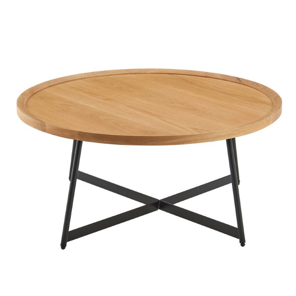 EuroStyle Niklaus Round Ash Veneer Coffee Table with Steel Base for Modern Living Rooms Oak 90274-OAK