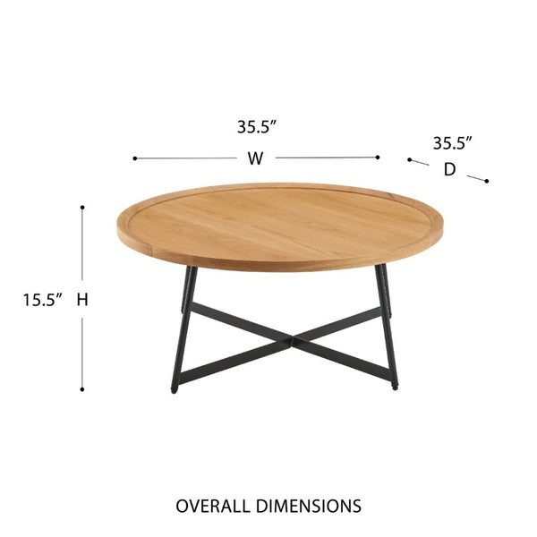 EuroStyle Niklaus Round Ash Veneer Coffee Table with Steel Base for Modern Living Rooms Oak 90274-OAK