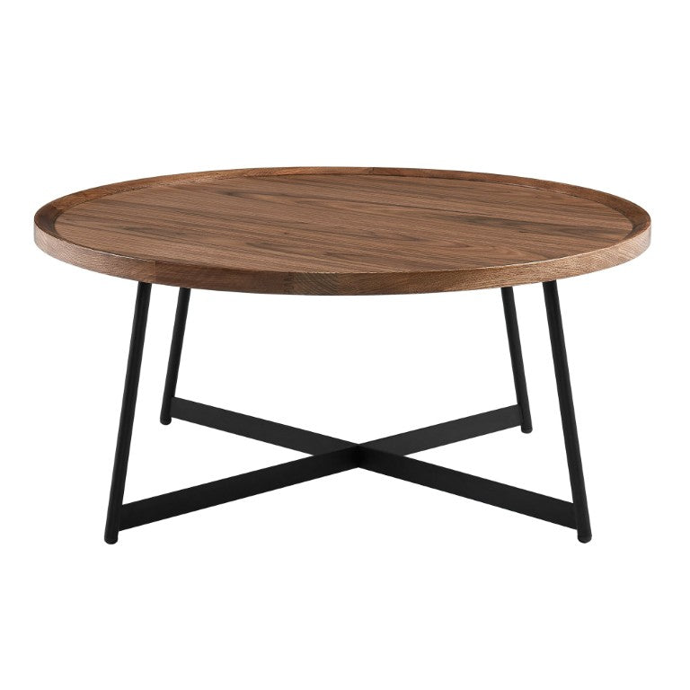 EuroStyle Niklaus Round Ash Veneer Coffee Table with Steel Base for Modern Living Rooms Walnut 90274WAL