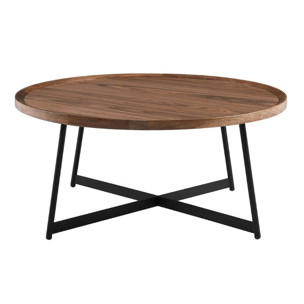 EuroStyle Niklaus Round Ash Veneer Coffee Table with Steel Base for Modern Living Rooms Walnut 90274WAL