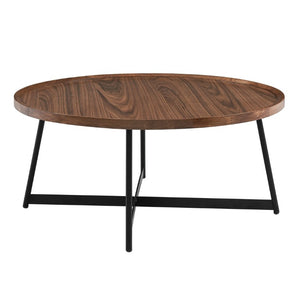 EuroStyle Niklaus Round Ash Veneer Coffee Table with Steel Base for Modern Living Rooms Walnut 90274WAL