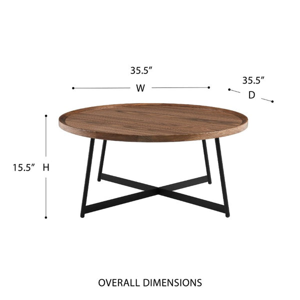 EuroStyle Niklaus Round Ash Veneer Coffee Table with Steel Base for Modern Living Rooms Walnut 90274WAL