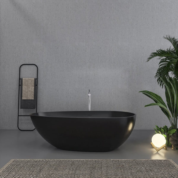 English Elm 67 Inch Matte Black Stone Resin Freestanding Soaking Tub Ergonomic Bathtub W1613P355476