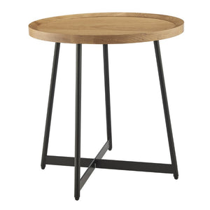 EuroStyle Niklaus Round Ash Wood Side Table with Steel Base for Modern Living Spaces Oak 90276-OAK