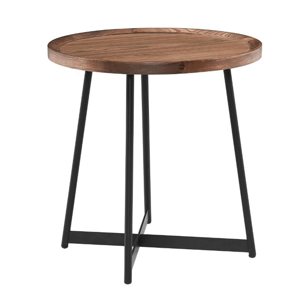 EuroStyle Niklaus Round Ash Wood Side Table with Steel Base for Modern Living Spaces Walnut 90276WAL