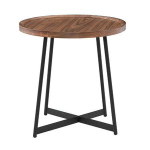 EuroStyle Niklaus Round Ash Wood Side Table with Steel Base for Modern Living Spaces Walnut 90276WAL