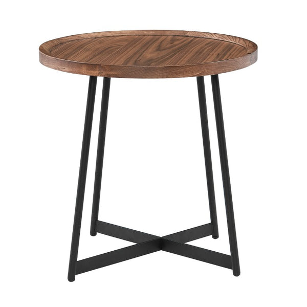 EuroStyle Niklaus Round Ash Wood Side Table with Steel Base for Modern Living Spaces Walnut 90276WAL