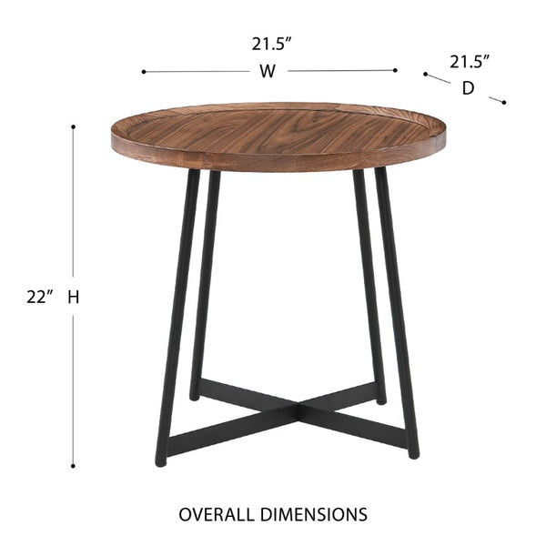 EuroStyle Niklaus Round Ash Wood Side Table with Steel Base for Modern Living Spaces Walnut 90276WAL