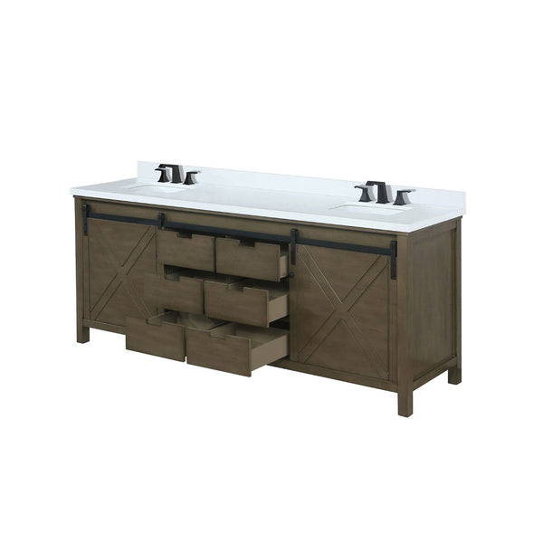 English Elm Rustic Double Bath Vanity 80" W X 22" D With White Quartz Top & Faucet Set - Stylish Storage Solution! B2731P260163-GIGA