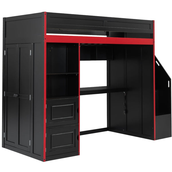 English Elm Gaming Twin Loft Bed with Led Desk Storage Locker and Bold Black Red Finish N709P004102J