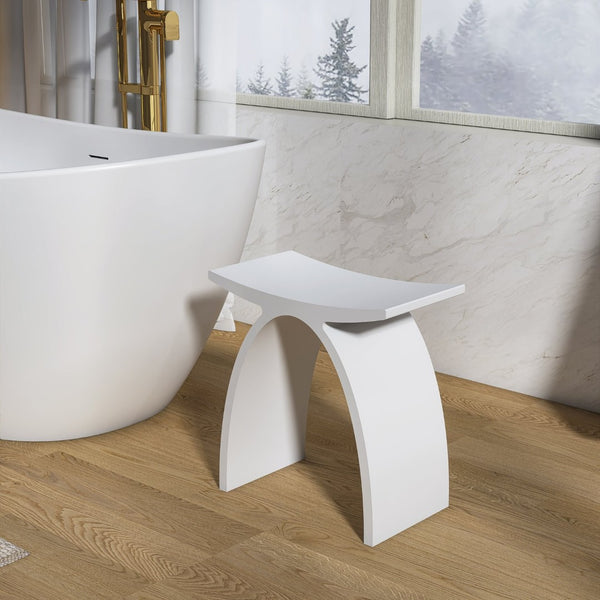 English Elm 16.5 Inch Stone Resin Arched Bath Stool Sculptural Matte Spa Grade Shower Accent W1613P501654