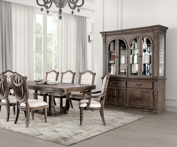 English Elm Vintage Luxury Dining Room Furniture Set - Weathered Oak 7-Piece Table & Beige Tufted Chairs B2741S00752-GIGA