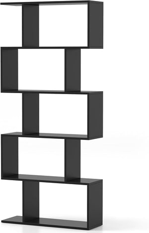 English Elm Five tier minimalist white bookshelf with five shelves for modern storage, durable engineered wood design Black W2139P288171