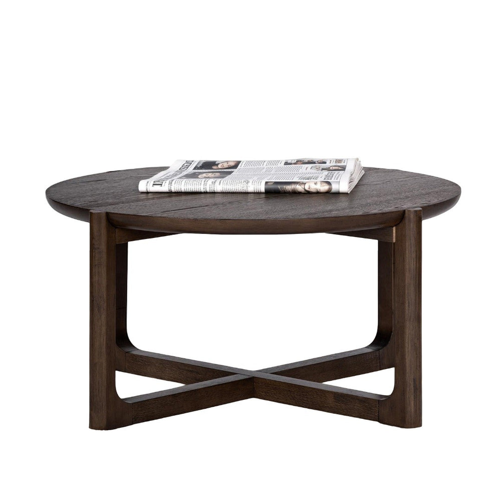 English Elm Transitional 36" Round Cocktail Table With Trestle Base In Wire-Brushed Dark Walnut Finish For Living Rooms B2741P404269-GIGA