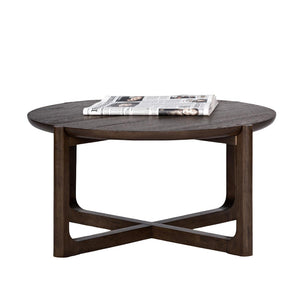 English Elm Transitional 36" Round Cocktail Table With Trestle Base In Wire-Brushed Dark Walnut Finish For Living Rooms B2741P404269-GIGA