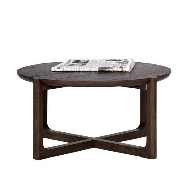 English Elm Transitional 36" Round Cocktail Table With Trestle Base In Wire-Brushed Dark Walnut Finish For Living Rooms B2741P404269-GIGA
