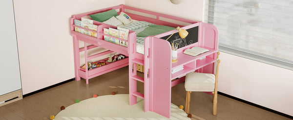 English Elm Twin Low Loft Bed Solid Pine Frame Kids Study Desk Blackboard Storage White W1580S00298