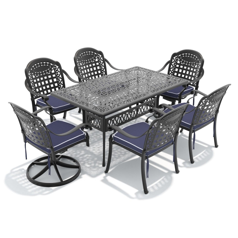 English Elm 7-piece Cast Aluminum Outdoor Dining Set with Swivel Chairs and Carved Petal Design W1710S00375