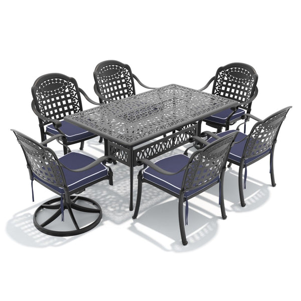 English Elm 7-piece Cast Aluminum Outdoor Dining Set with Swivel Chairs and Carved Petal Design W1710S00375