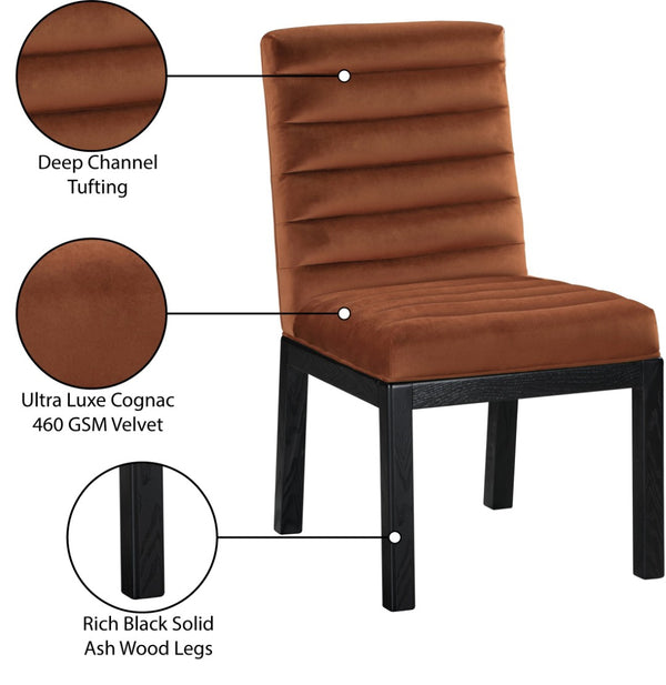 Meridian Furniture Evelyn Channel Tufted Velvet Dining Chair with Solid Ash Legs for Elegant Modern Spaces Cognac 902 902Cognac-C