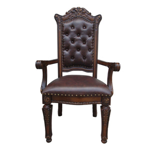 English Elm Espresso Tufted Back Arm Chairs Set of 2 with Cherry Wood Floral Carving, Faux Leather, Nailhead Trim B062P185666