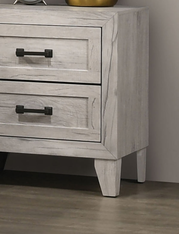 English Elm Bedside Whitewash Nightstand with 2 Drawers, Contemporary Melamine Finish, Black Metal Handles, Compact Storage 23.5"H B2741P326716