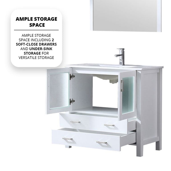 English Elm White 36 in. Bathroom Vanity with Scratch-Resistant White Ceramic Top, Chrome Faucet & 34" Mirror B2731S01288