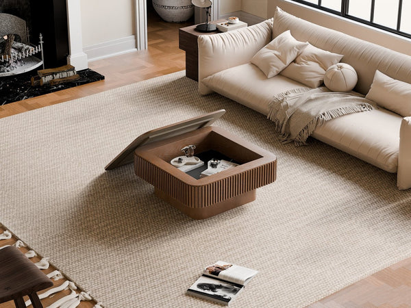 English Elm 31.5'' Square Wood Veneer Flip Top Storage Coffee Table with Slat Detail for Living Rooms Walnut W1435P375246