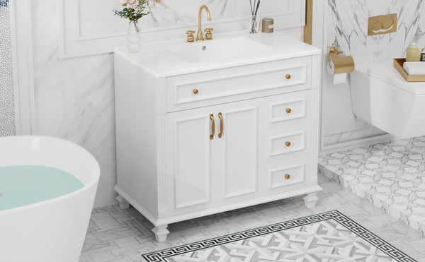 English Elm 36" Modern Bathroom Vanity with Ceramic Sink, Gold Handles, Flip-Out Drawer & Soft-Close Doors White N725P283623K