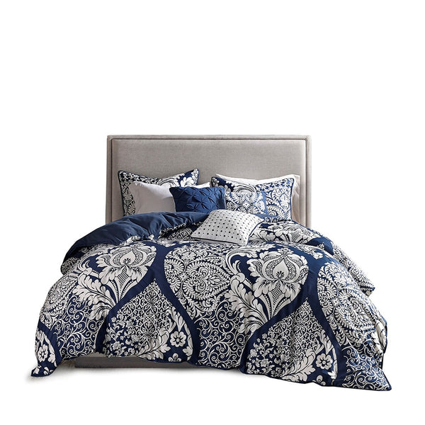 English Elm King/Cal King Vienna 6-Piece Printed Cotton Sateen Duvet Cover Set — Damask Design, OEKO-TEX, Pillows Included B03597318
