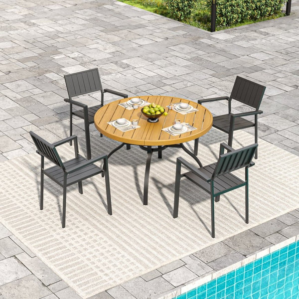 English Elm 5-piece Outdoor Dining Set Round Slatted Table with Umbrella Hole and Stackable Chairs Black+Natural W3979S00050