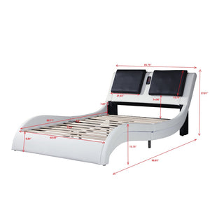 English Elm Faux Leather Queen Platform Bed with Rgb Lighting Bluetooth Speaker Massage Headboard W2297S00027