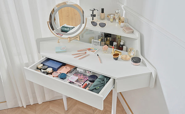 English Elm Modern Corner Makeup Vanity Desk with 360° Rotating LED Mirror, Drawer, Cabinet & Cushioned Stool N844P263664A