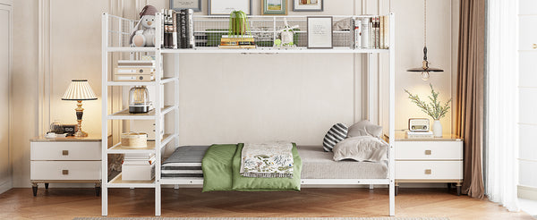 English Elm Twin Twin Over Full Metal Bunk Bed with 5-Tier Staircase Shelves, Space-Saving Storage & Wood Accents White SF000175AAK