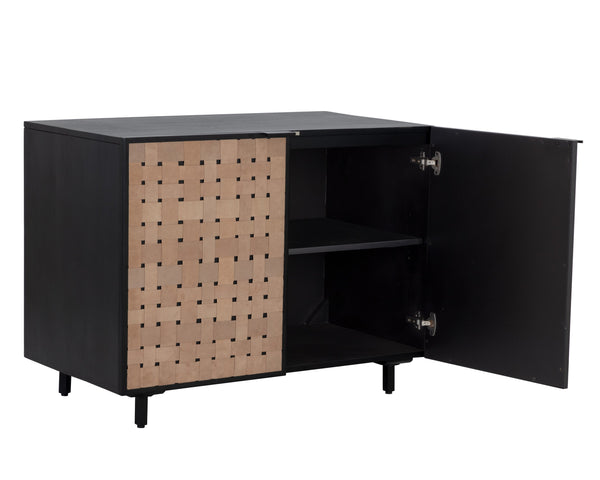 Sunpan Omari Sideboard - Stylish Suede Light Tan Leather with Unique Weaved Design and Matte Black Base Small - 40W x 22D x 31H