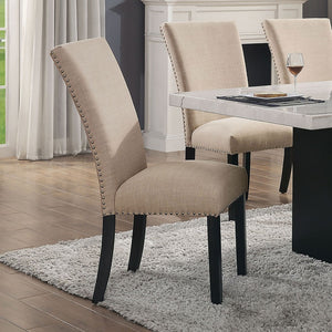 English Elm Gorgeous Marble Top 7 Piece Dining Set with Nailhead Upholstered Chairs Dark Wood Base Beige,Black,White B2741S00764