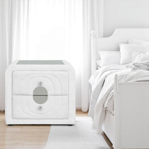 English Elm Shelyn Teddy Sherpa Upholstered Nightstand with Glass Top and Crystal Knob Hardware White B2756P495789