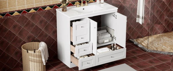 English Elm 36 Inch Shaker Bathroom Vanity with Ceramic Sink Four Soft Close Drawers White Mdf N729P414619K