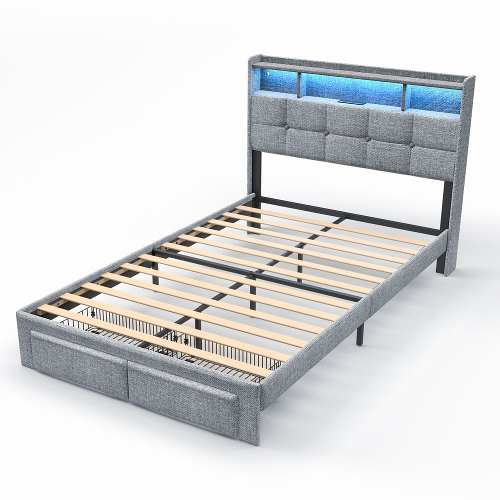 English Elm Full LED Linen Bed Frame with Headboard Storage, 2 Drawers, Fast Charging Ports & Nightlight Ambiance W1550P190364