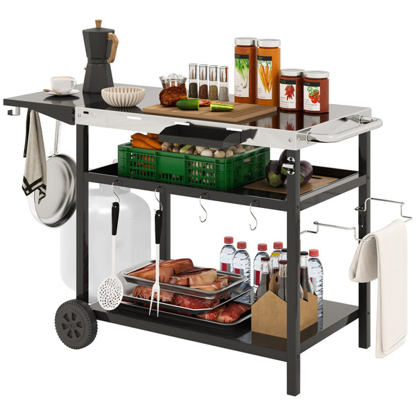 English Elm Outsunny Rolling Grill Cart Stainless Steel Patio Prep Station with Three Shelves W2225P485560