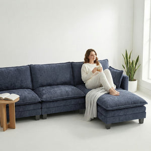 English Elm Modern Chenille Three Seat Sofa with Ottoman Usb Charging Ports and Storage Pockets Blue W2519S00004