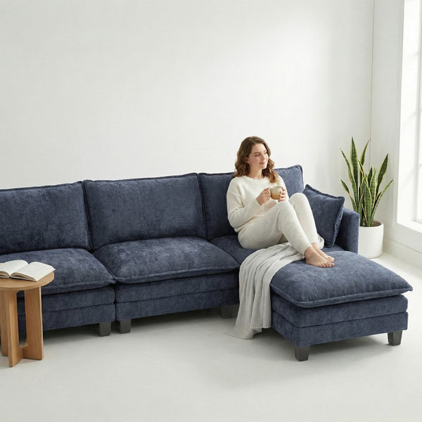English Elm Modern Chenille Three Seat Sofa with Ottoman Usb Charging Ports and Storage Pockets Blue W2519S00004