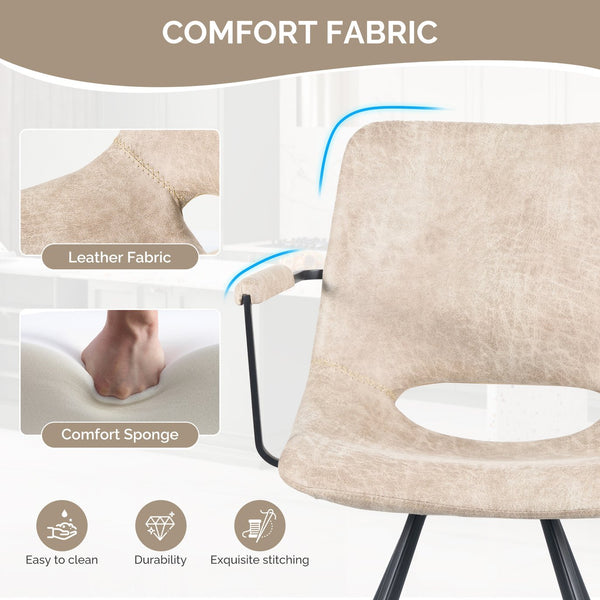 English Elm Beige Leather Dining Chairs Set of 2 — Mid-Century Cushioned Seats, Metal Legs, Sturdy 300lb Capacity T3950P399130