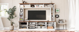 English Elm 95.5" Wide Modern Farmhouse Wall Unit with Tempered Glass Cabinets and Bookshelf Storage White SJ000157AAK