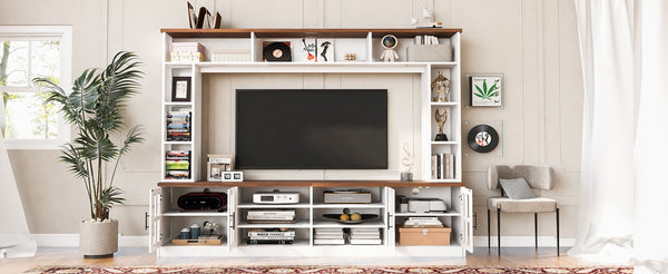 English Elm 95.5" Wide Modern Farmhouse Wall Unit with Tempered Glass Cabinets and Bookshelf Storage White SJ000157AAK
